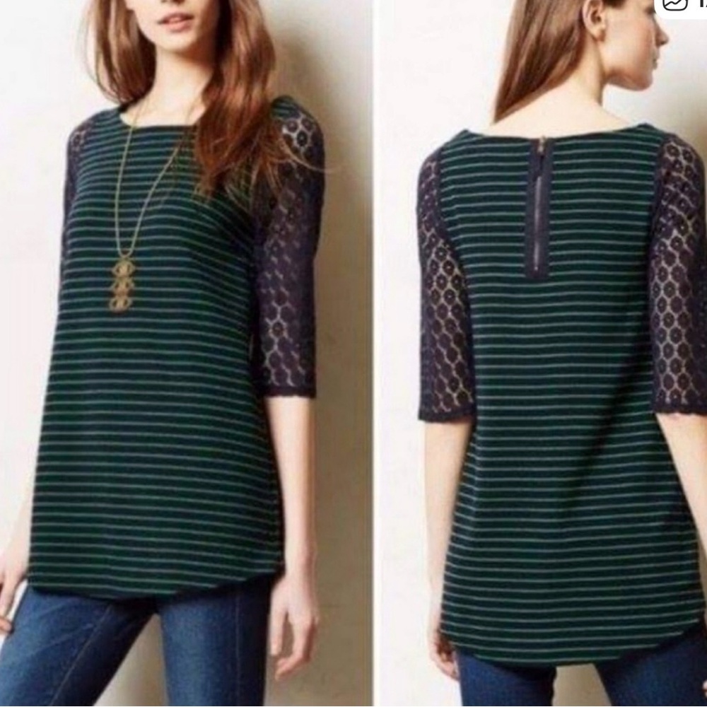 5/$25 - Postmark Anthropologie Medium Striped Lace Sleeve Tunic Top Blue Green